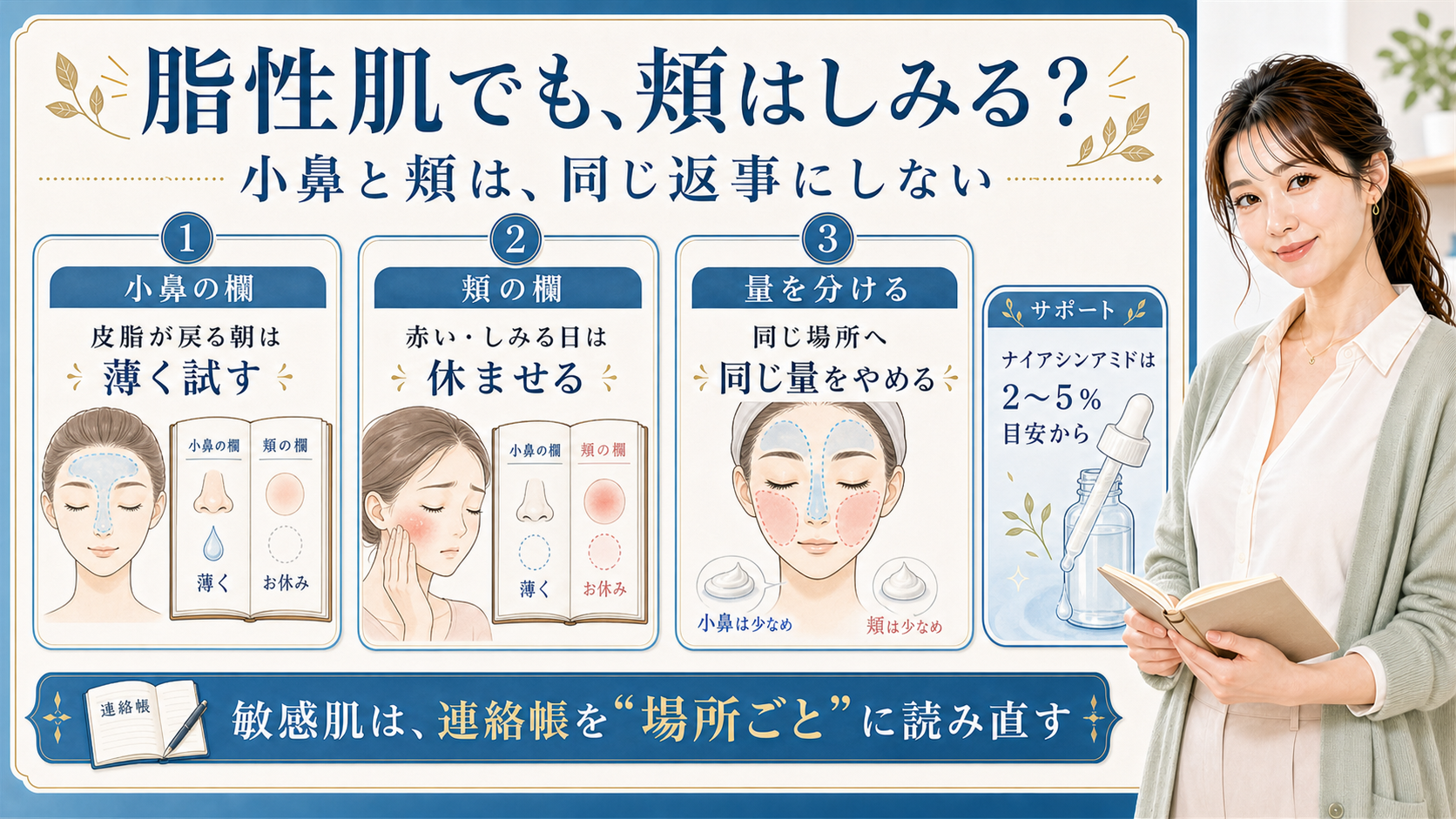 脂性肌と敏感肌を小鼻の欄・頬の欄・量の分け方で整理する解説ボード