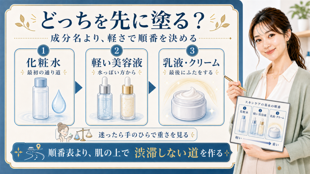 グルタチオンとナイアシンアミドは軽い美容液から順番に使うことを示すアイキャッチ