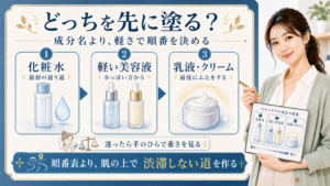 グルタチオンとナイアシンアミドは軽い美容液から順番に使うことを示すアイキャッチ