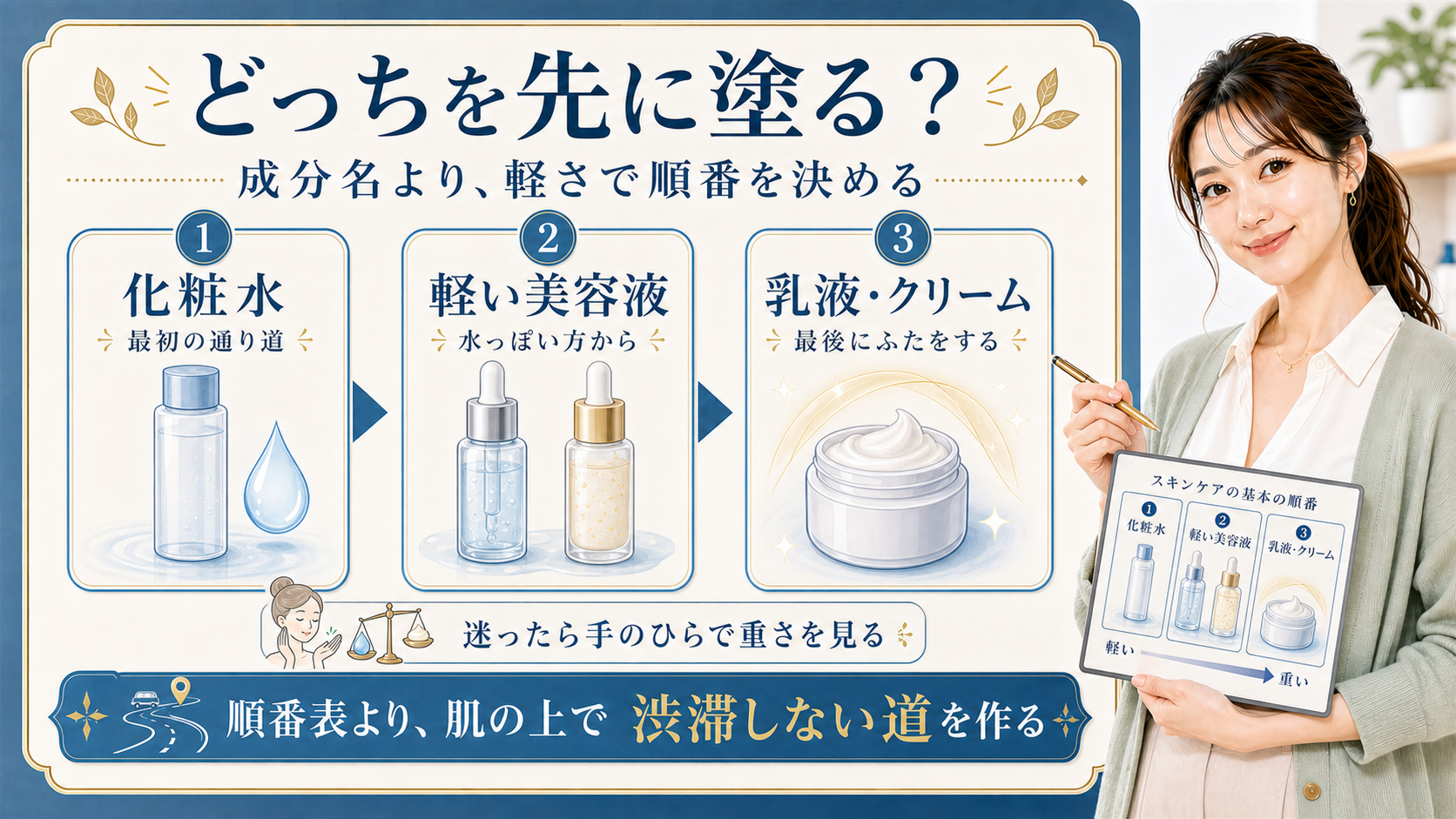 グルタチオンとナイアシンアミドは軽い美容液から順番に使うことを示すアイキャッチ