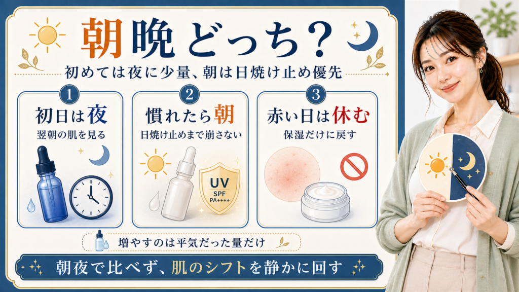 グルタチオンは初めては夜に少量から朝は日焼け止め優先と示すアイキャッチ