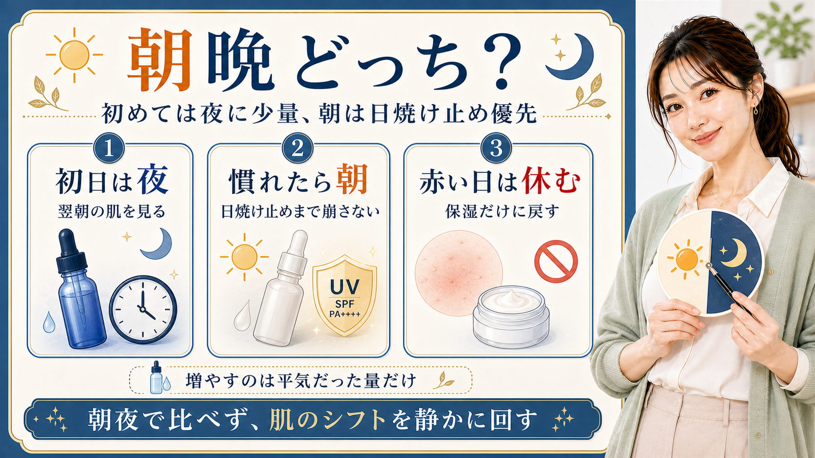 グルタチオンは初めては夜に少量から朝は日焼け止め優先と示すアイキャッチ