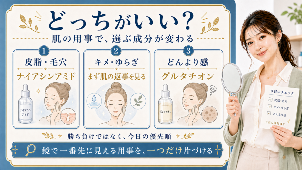 ナイアシンアミドとグルタチオンは肌の用事で選ぶことを示すアイキャッチ