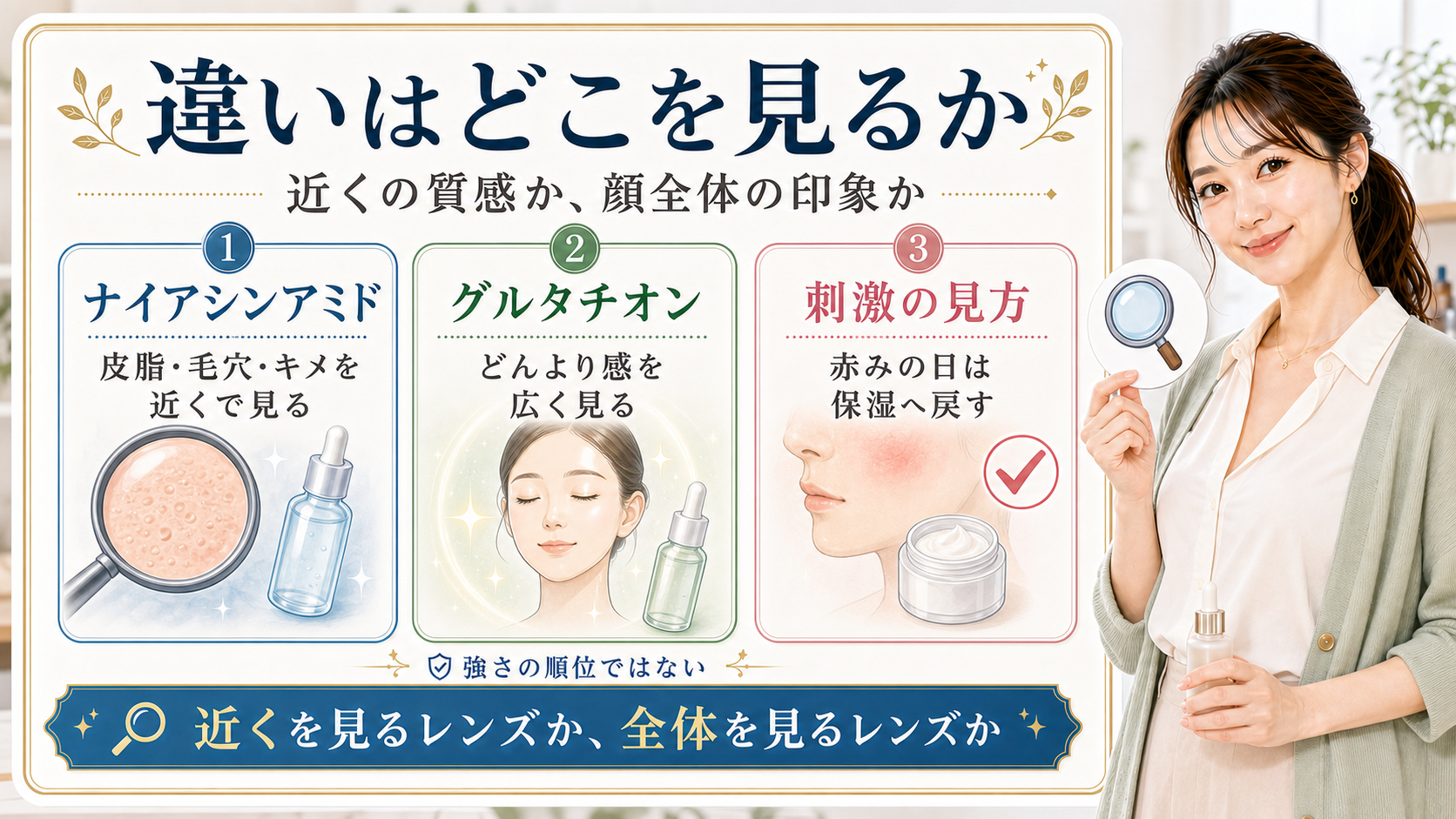 ナイアシンアミドとグルタチオンの違いを近くの質感と顔全体の印象で示すアイキャッチ