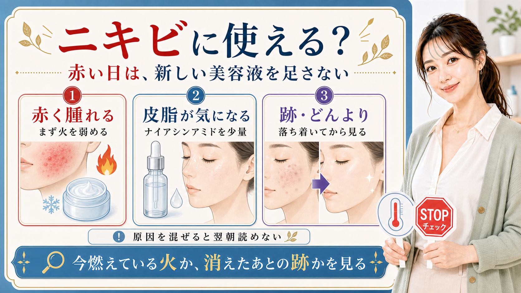 赤いニキビの日は新しい美容液を足さず肌の状態を見ることを示すアイキャッチ