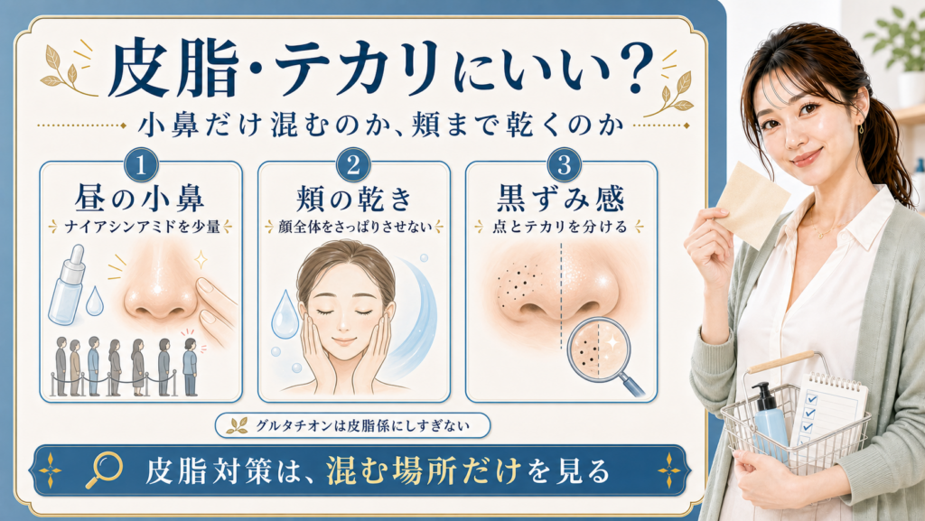 ナイアシンアミドは皮脂やテカリの混む場所だけを見ることを示すアイキャッチ