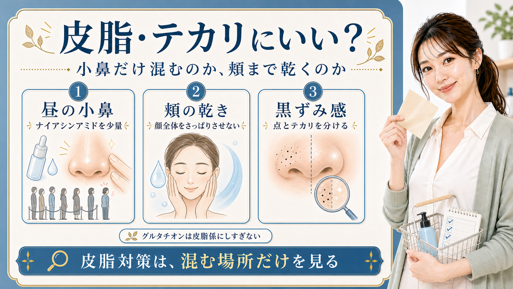 ナイアシンアミドは皮脂やテカリの混む場所だけを見ることを示すアイキャッチ