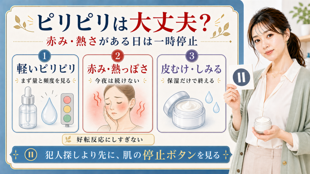 ピリピリや赤みがある日は肌の一時停止を見ることを示すアイキャッチ