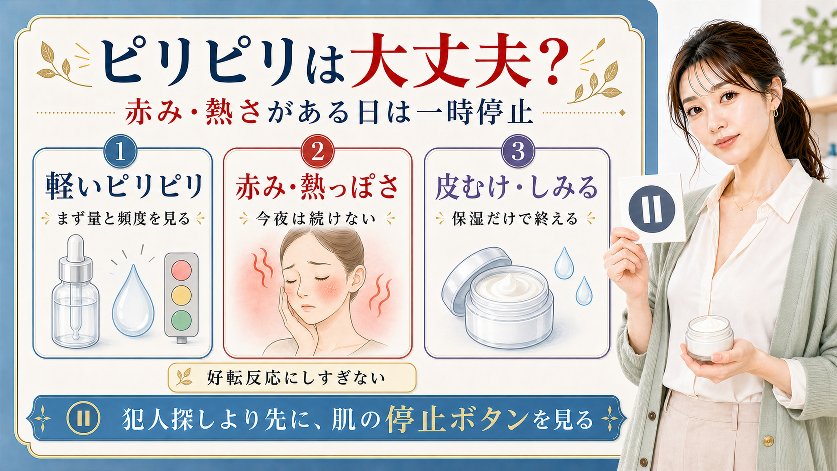 ピリピリや赤みがある日は肌の一時停止を見ることを示すアイキャッチ