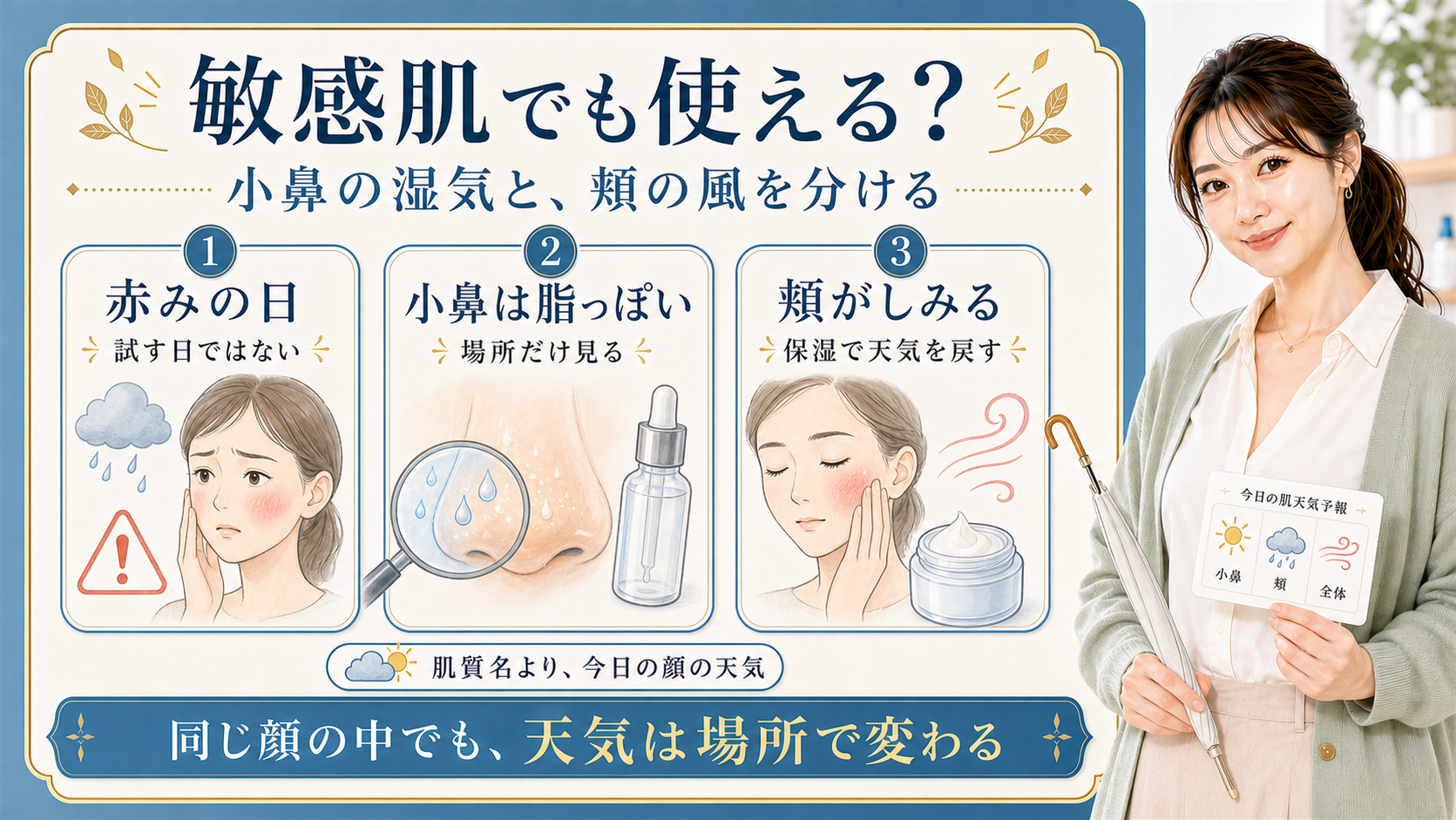 敏感肌では小鼻の湿気と頬の風を分けて見ることを示すアイキャッチ