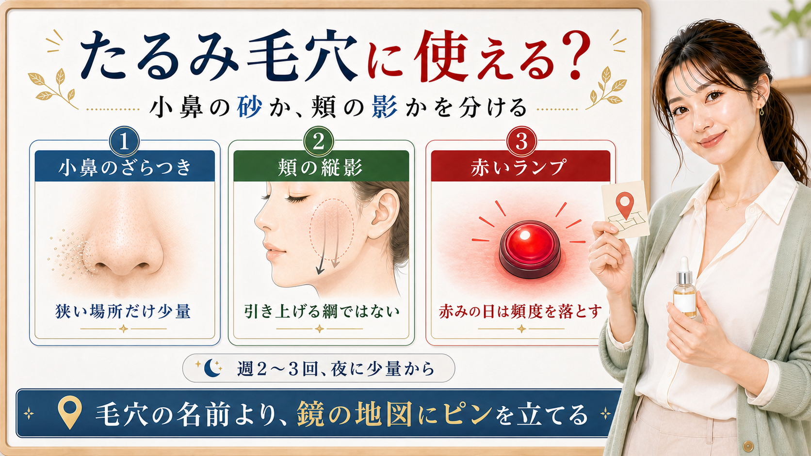 アゼライン酸はたるみ毛穴を引き上げる成分ではなく小鼻のざらつきや赤みを見ることを示すアイキャッチ