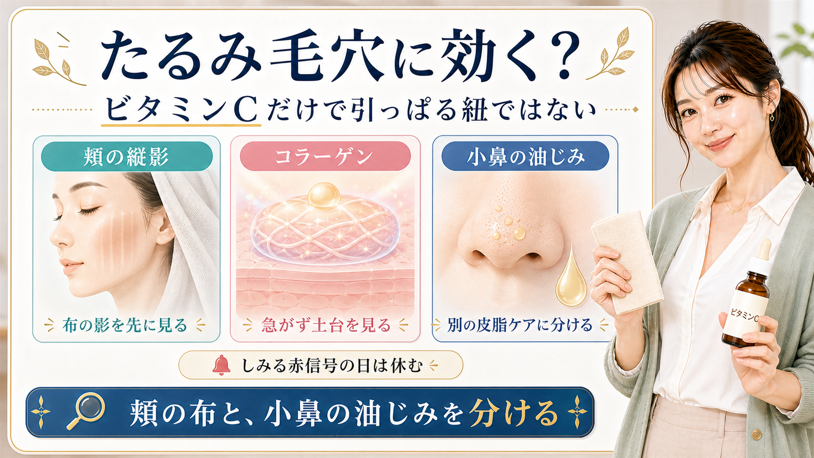 ビタミンCとたるみ毛穴では頬の縦影と小鼻の油じみを分けて見ることを示すアイキャッチ
