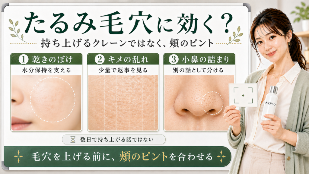 ナイアシンアミドはたるみ毛穴を持ち上げるのではなく頬のピントを整えることを示すアイキャッチ