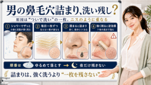 男の鼻毛穴詰まりはシャワーのついで洗いで皮脂の一枚が残りニスのように重なるため強く洗うより残さない順番が大切と整理したアイキャッチ