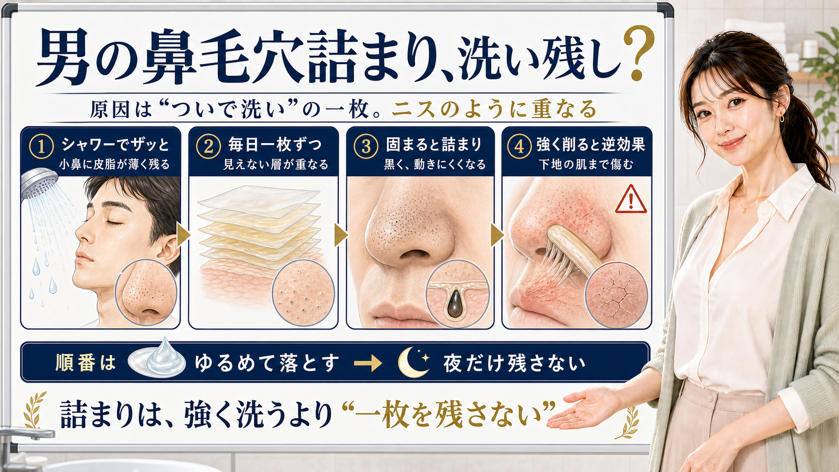 男の鼻毛穴詰まりはシャワーのついで洗いで皮脂の一枚が残りニスのように重なるため強く洗うより残さない順番が大切と整理したアイキャッチ