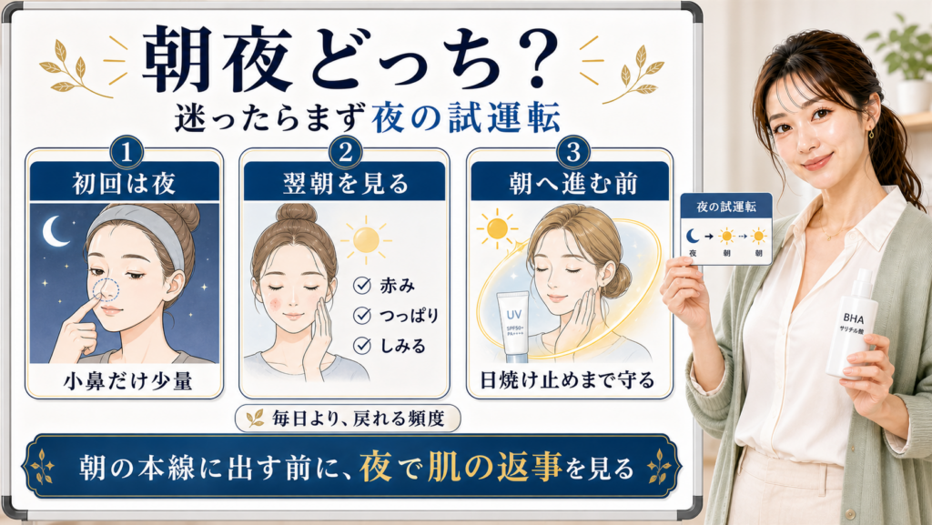 サリチル酸は迷ったら夜の試運転から始め朝へ進む前に肌の返事を見ることを示すアイキャッチ