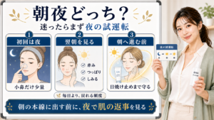 サリチル酸は迷ったら夜の試運転から始め朝へ進む前に肌の返事を見ることを示すアイキャッチ
