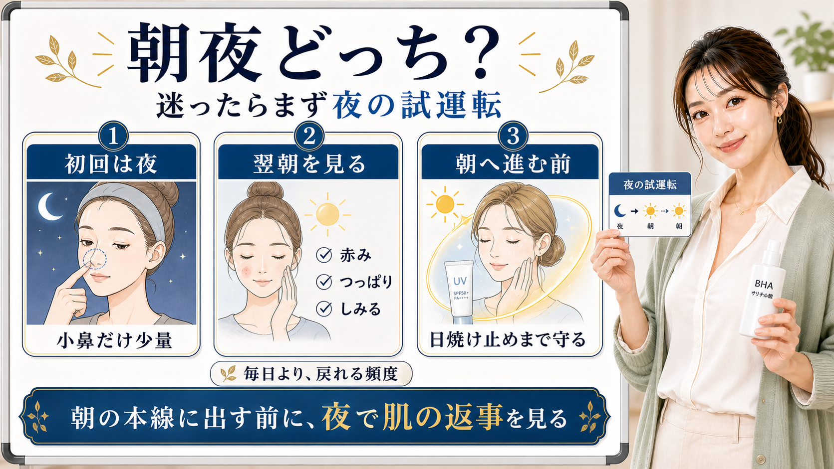 サリチル酸は迷ったら夜の試運転から始め朝へ進む前に肌の返事を見ることを示すアイキャッチ