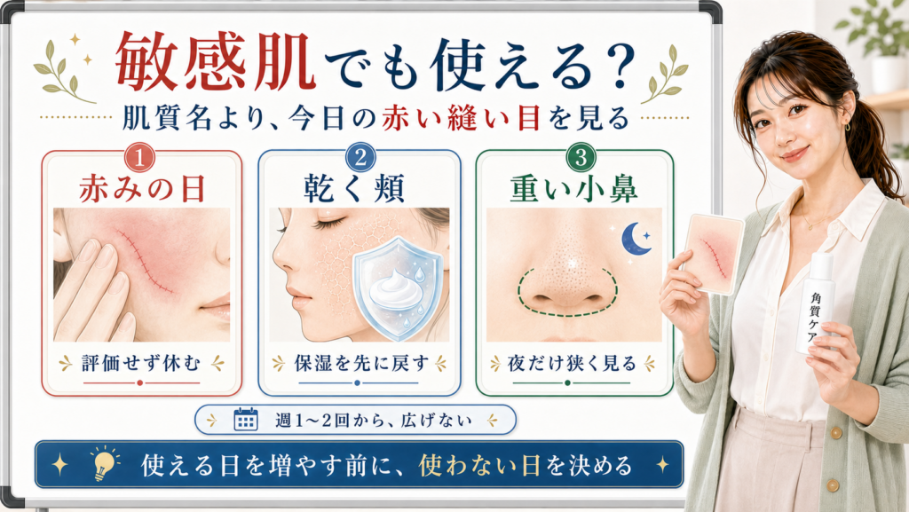 サリチル酸は敏感肌でも使える日を選び赤みの日は休み小鼻だけ狭く見ることを示すアイキャッチ