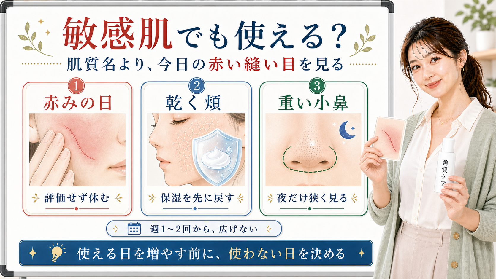 サリチル酸は敏感肌でも使える日を選び赤みの日は休み小鼻だけ狭く見ることを示すアイキャッチ