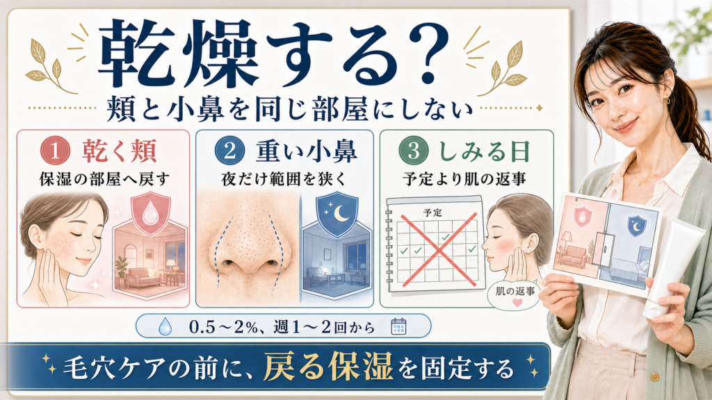サリチル酸と乾燥では頬と小鼻を同じ部屋にせず保湿を固定することを示すアイキャッチ