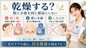 サリチル酸と乾燥では頬と小鼻を同じ部屋にせず保湿を固定することを示すアイキャッチ