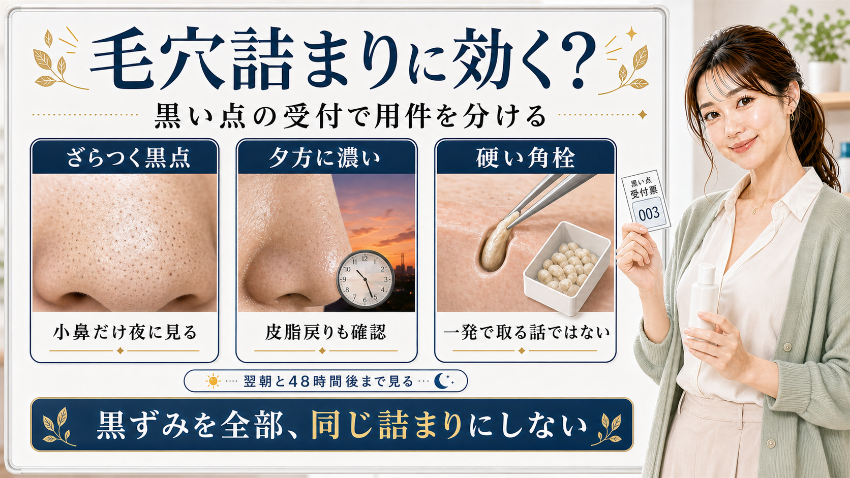 サリチル酸と毛穴詰まりでは黒ずみを全部同じ詰まりにせず黒い点の用件を分けることを示すアイキャッチ