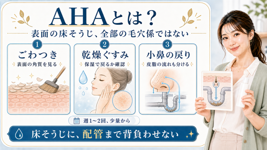 AHAは肌表面の角質ケアであり毛穴や小鼻の皮脂戻りまで全部背負わせないことを示すアイキャッチ