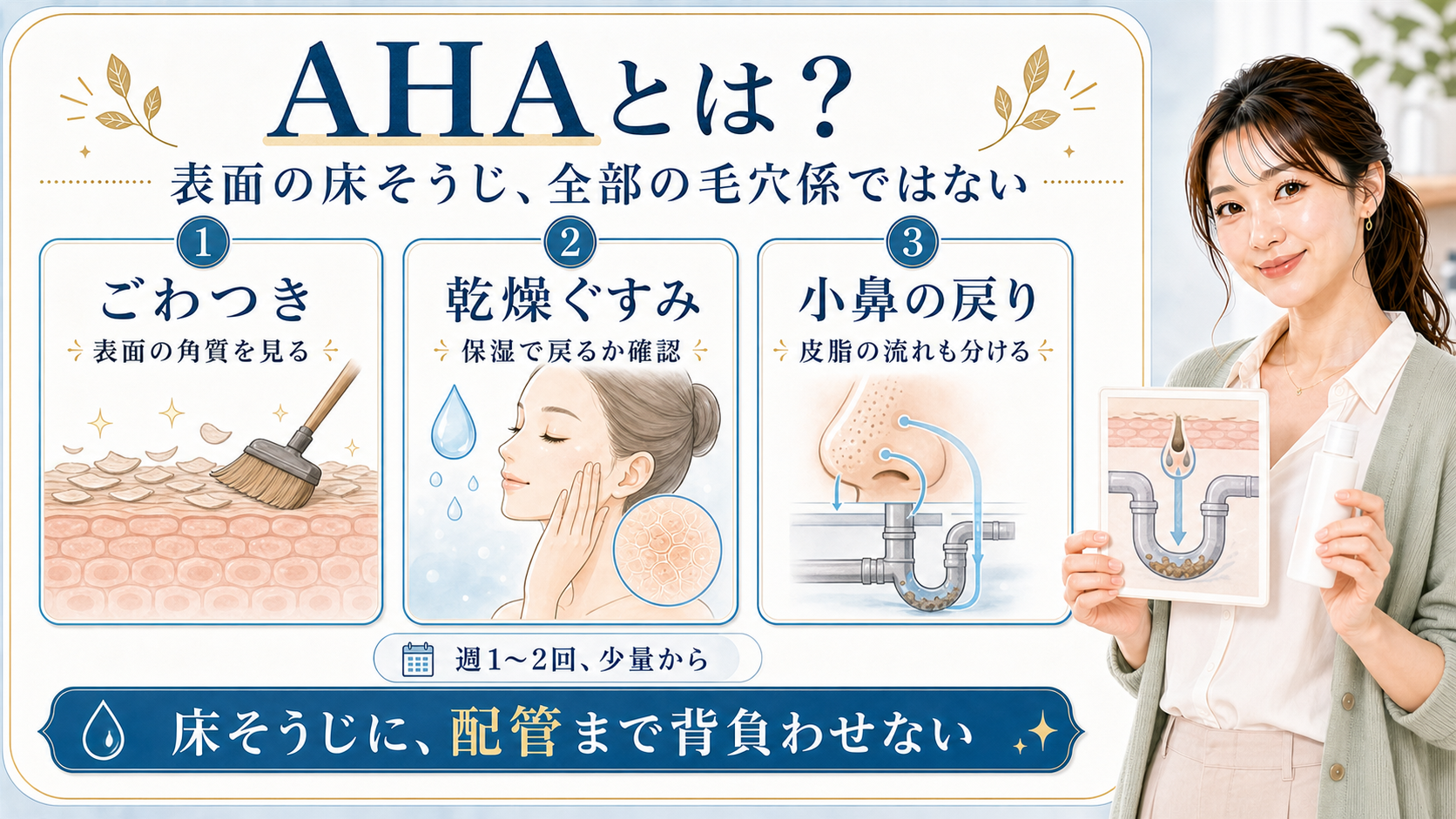 AHAは肌表面の角質ケアであり毛穴や小鼻の皮脂戻りまで全部背負わせないことを示すアイキャッチ