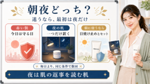 AHAは迷うなら夜だけから始め朝に使うなら日焼け止めとセットにすることを示すアイキャッチ