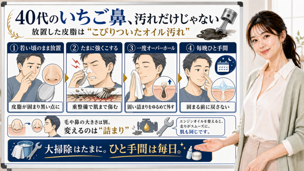 40代男性のいちご鼻は放置した皮脂がこびりついたオイル汚れのように固まるため一度ゆるめて外し毎晩ひと手間で戻さないと整理したアイキャッチ