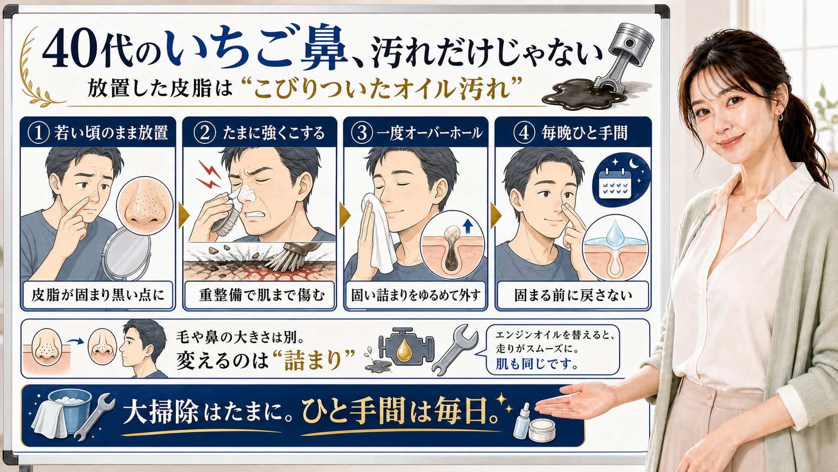 40代男性のいちご鼻は放置した皮脂がこびりついたオイル汚れのように固まるため一度ゆるめて外し毎晩ひと手間で戻さないと整理したアイキャッチ