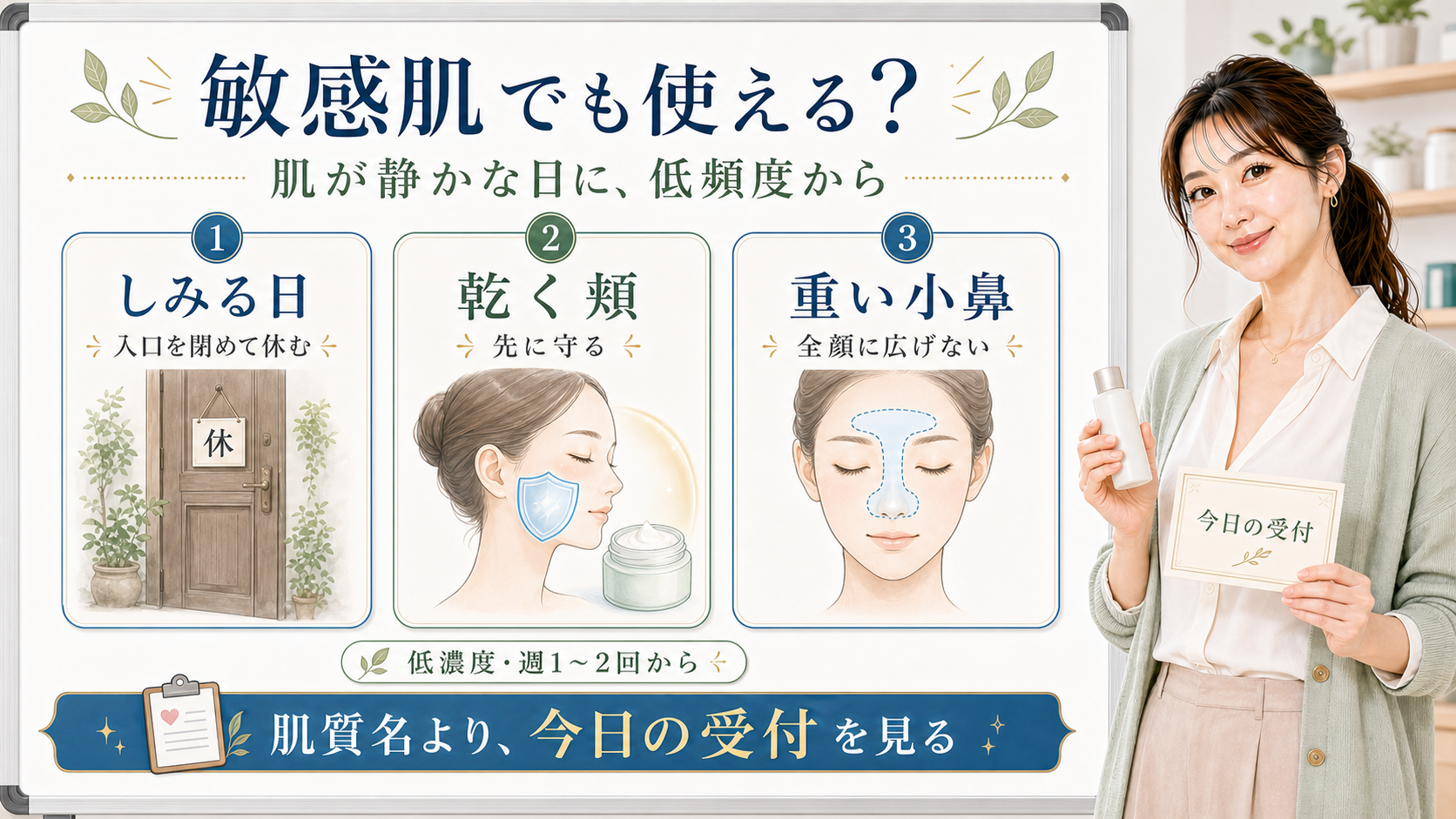 AHAは敏感肌でも肌が静かな日に低頻度から始めることを示すアイキャッチ