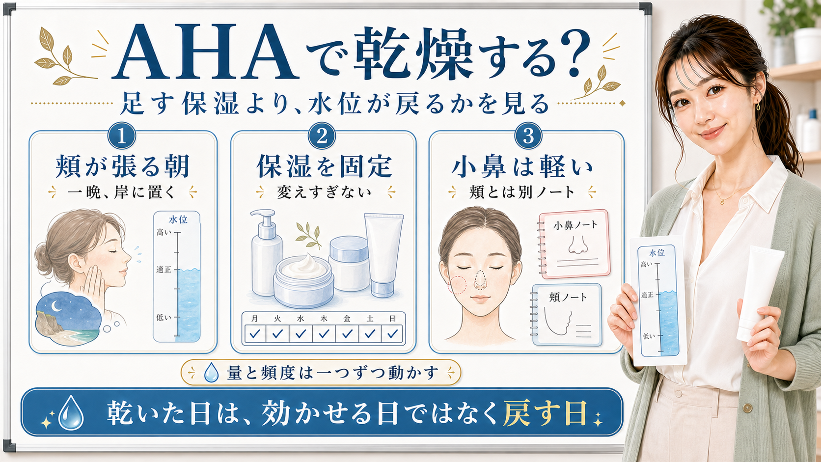 AHAで乾燥した日は保湿を足すより肌の水位が戻るかを見ることを示すアイキャッチ