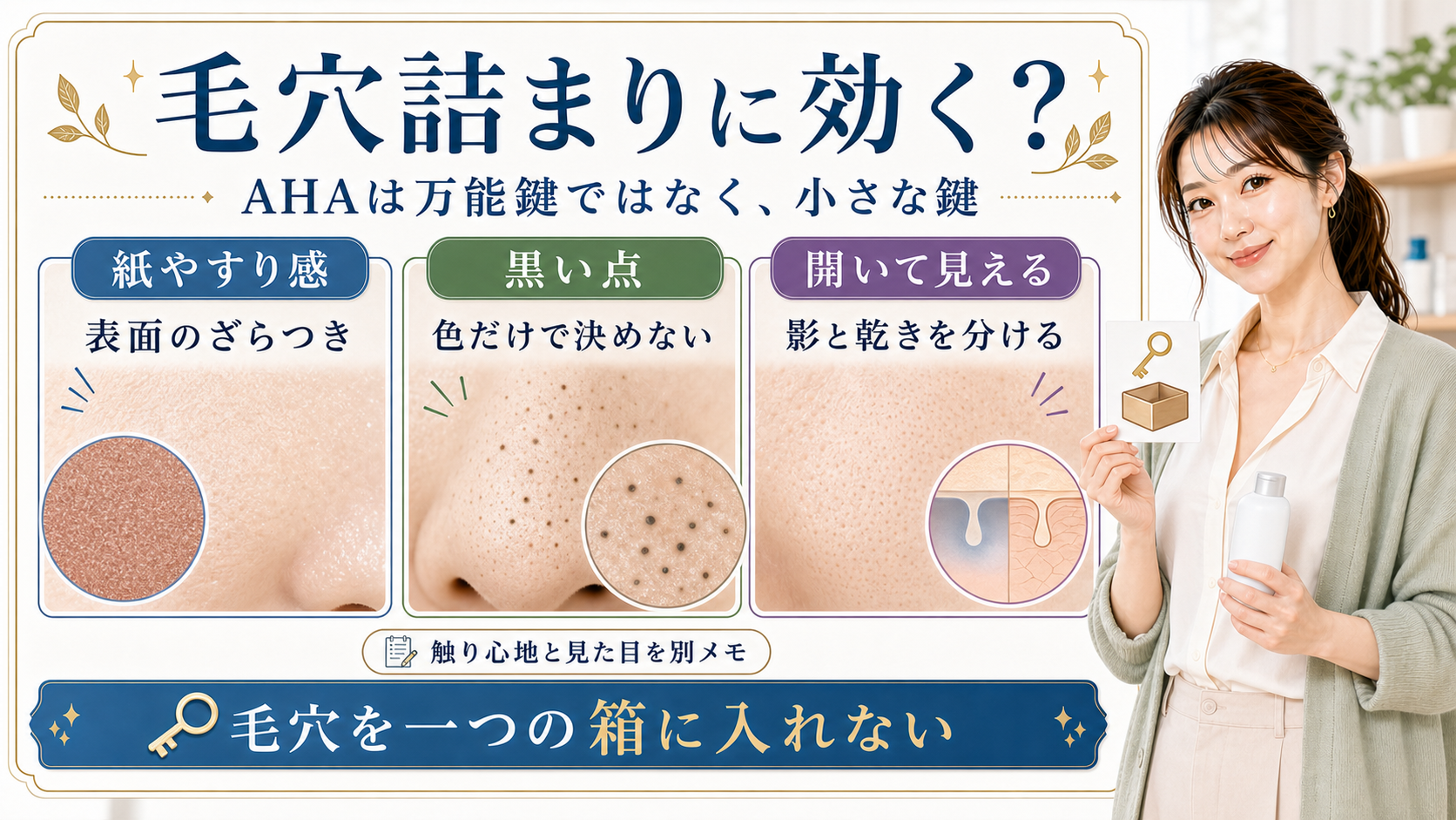 AHAは万能鍵ではなく毛穴詰まりや黒い点や開きを分けて見ることを示すアイキャッチ