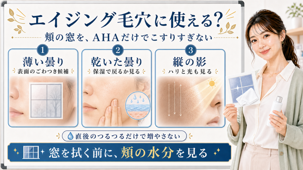 AHAはエイジング毛穴で頬の窓をこすりすぎず乾きや縦影を分けて見ることを示すアイキャッチ