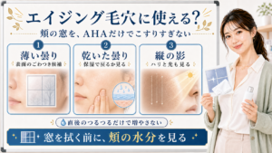 AHAはエイジング毛穴で頬の窓をこすりすぎず乾きや縦影を分けて見ることを示すアイキャッチ