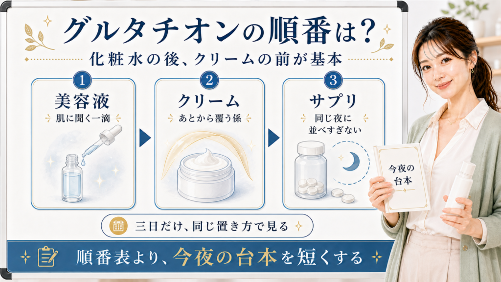 グルタチオン美容液は化粧水の後クリームの前を基本に今夜の台本を短くすることを示すアイキャッチ