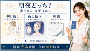 グルタチオンは迷うなら夜から始め朝は日焼け止めまでセットで考えることを示すアイキャッチ