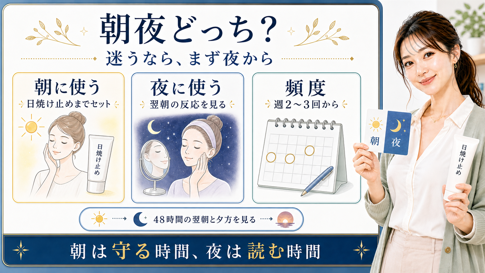グルタチオンは迷うなら夜から始め朝は日焼け止めまでセットで考えることを示すアイキャッチ