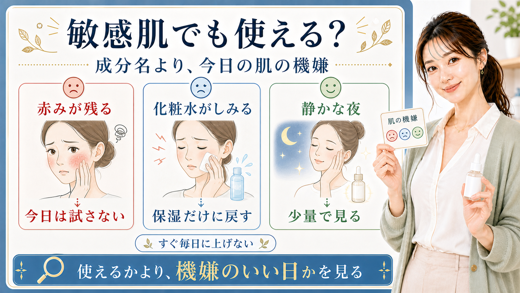敏感肌のグルタチオンは成分名より今日の肌の機嫌で見ることを示すアイキャッチ