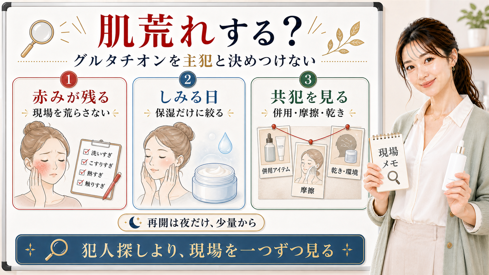 グルタチオンで肌荒れした時は主犯と決めつけず併用や摩擦や乾きを見ることを示すアイキャッチ