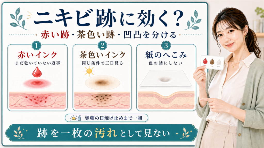 グルタチオンはニキビ跡を全部変える答えではなく赤い跡と茶色い跡と凹凸を分けて見ることを示すアイキャッチ