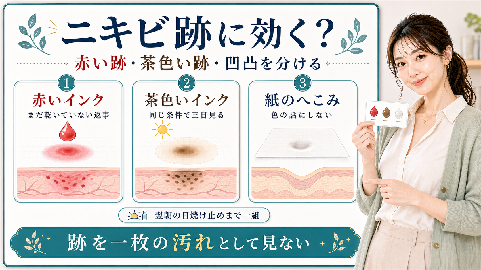 グルタチオンはニキビ跡を全部変える答えではなく赤い跡と茶色い跡と凹凸を分けて見ることを示すアイキャッチ