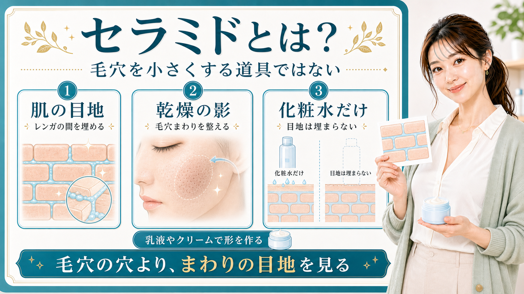 セラミドは毛穴を直接小さくする成分ではなく肌の目地を整えることを示すアイキャッチ