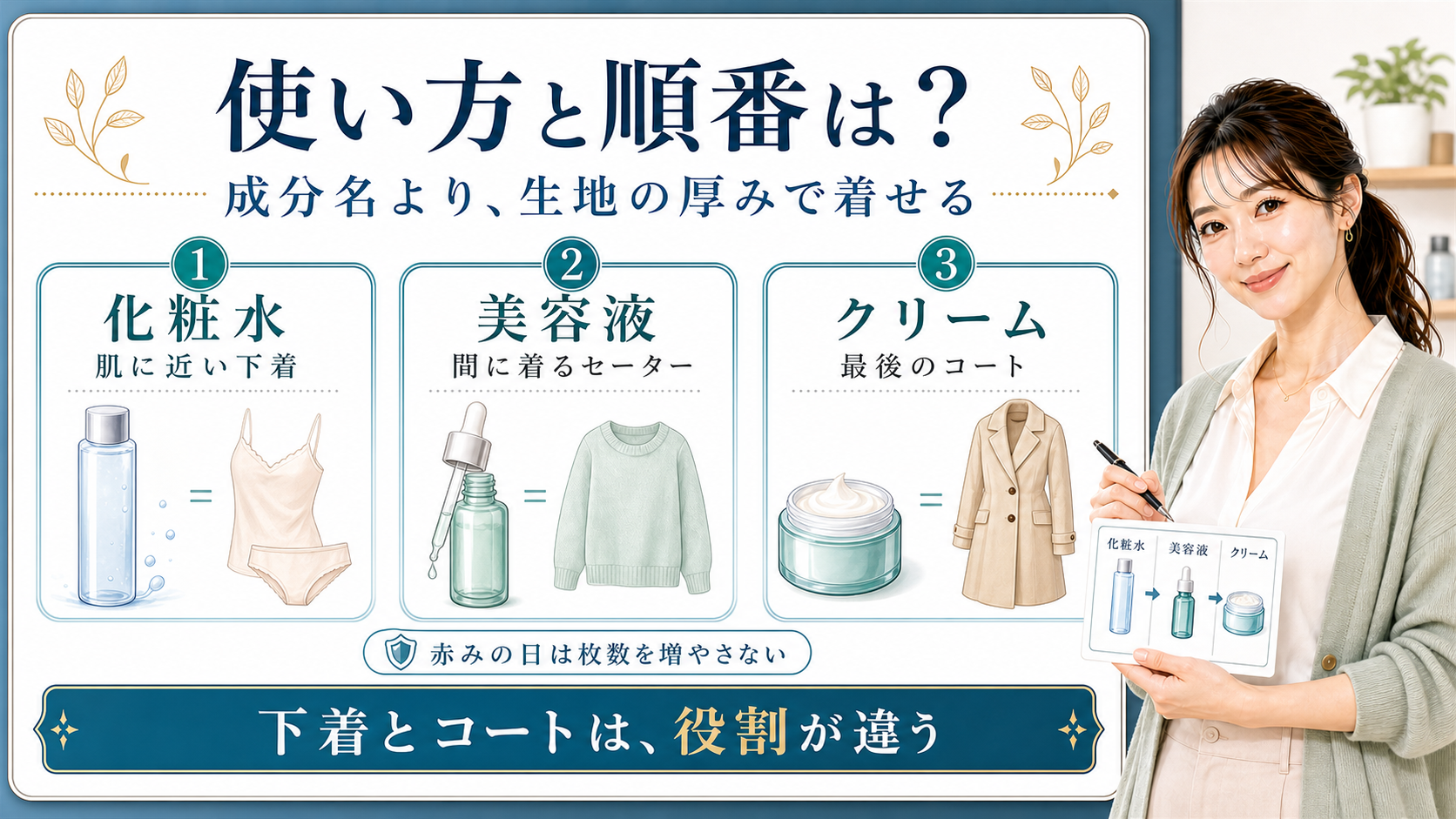 セラミドの順番は成分名ではなく化粧水や美容液やクリームの厚みで見ることを示すアイキャッチ