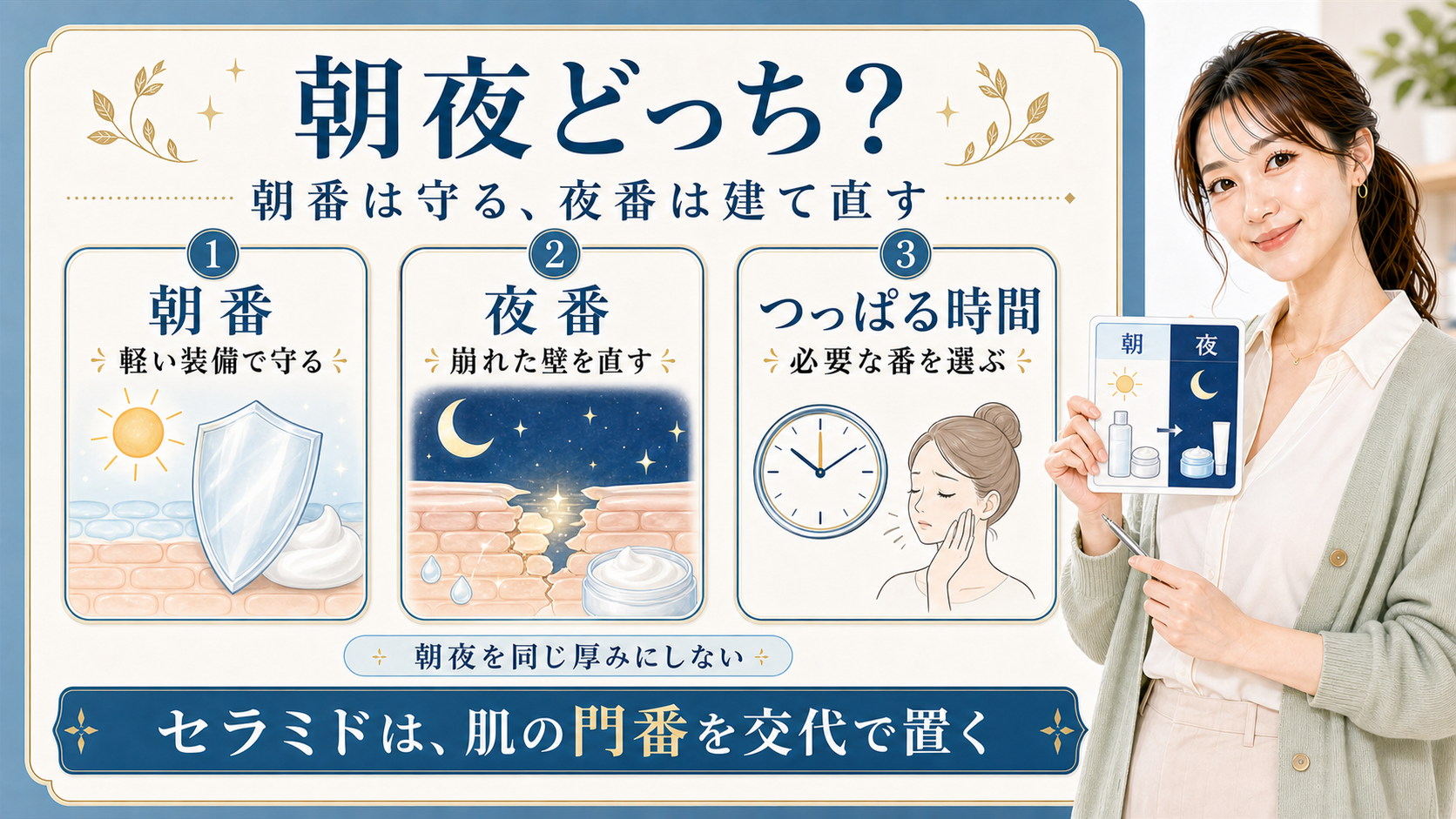 セラミドは朝番で守り夜番で建て直すように朝夜の役割を分けることを示すアイキャッチ