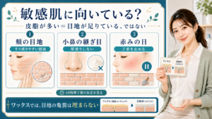 セラミドは皮脂が多い肌でも目地が足りているとは限らず頬と小鼻で厚みを分けることを示すアイキャッチ