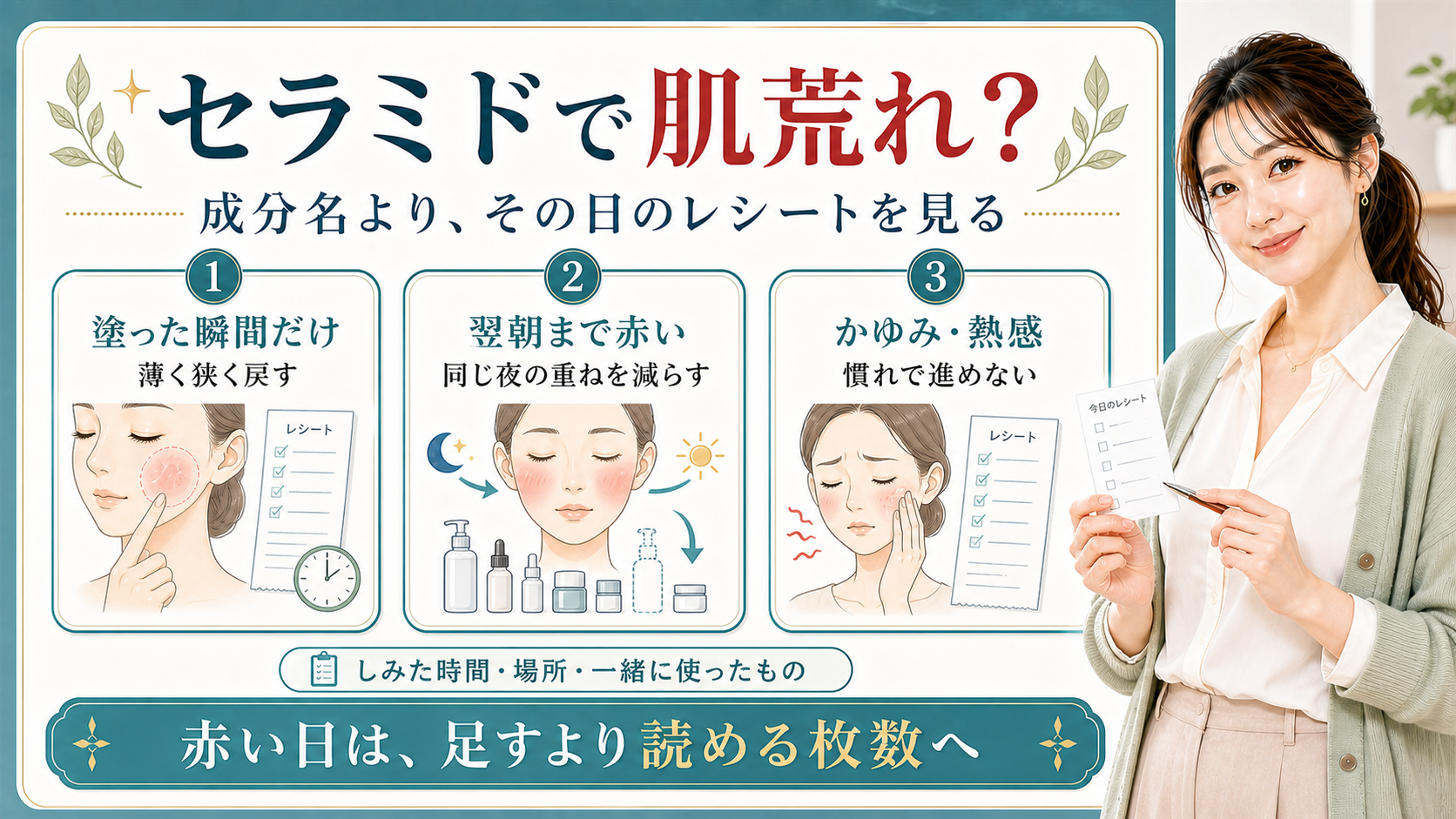 セラミドで肌荒れや赤みが出た時は成分名だけでなくしみた時間や一緒に使ったものを見ることを示すアイキャッチ