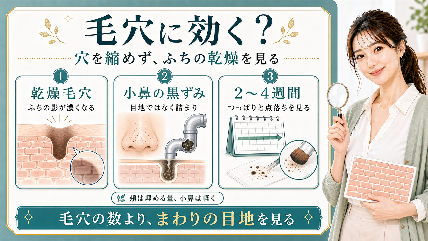 セラミドは毛穴を縮めるのではなく乾燥した毛穴まわりの目地を見ることを示すアイキャッチ